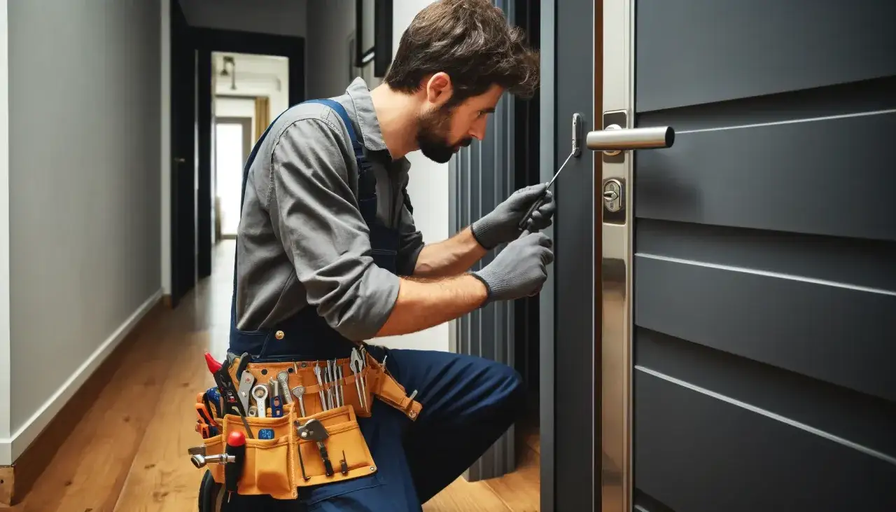 Un serrurier répare une serrure cassée sur une porte fermée. Il porte une combinaison et une ceinture à outils bien garnie.