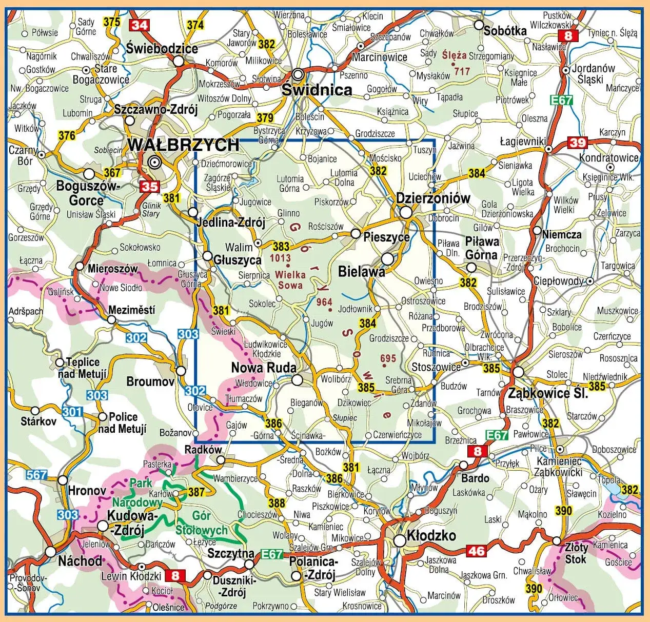 Mapa Gór Sowich w Polsce z zaznaczonymi szczytami i miejscowościami
