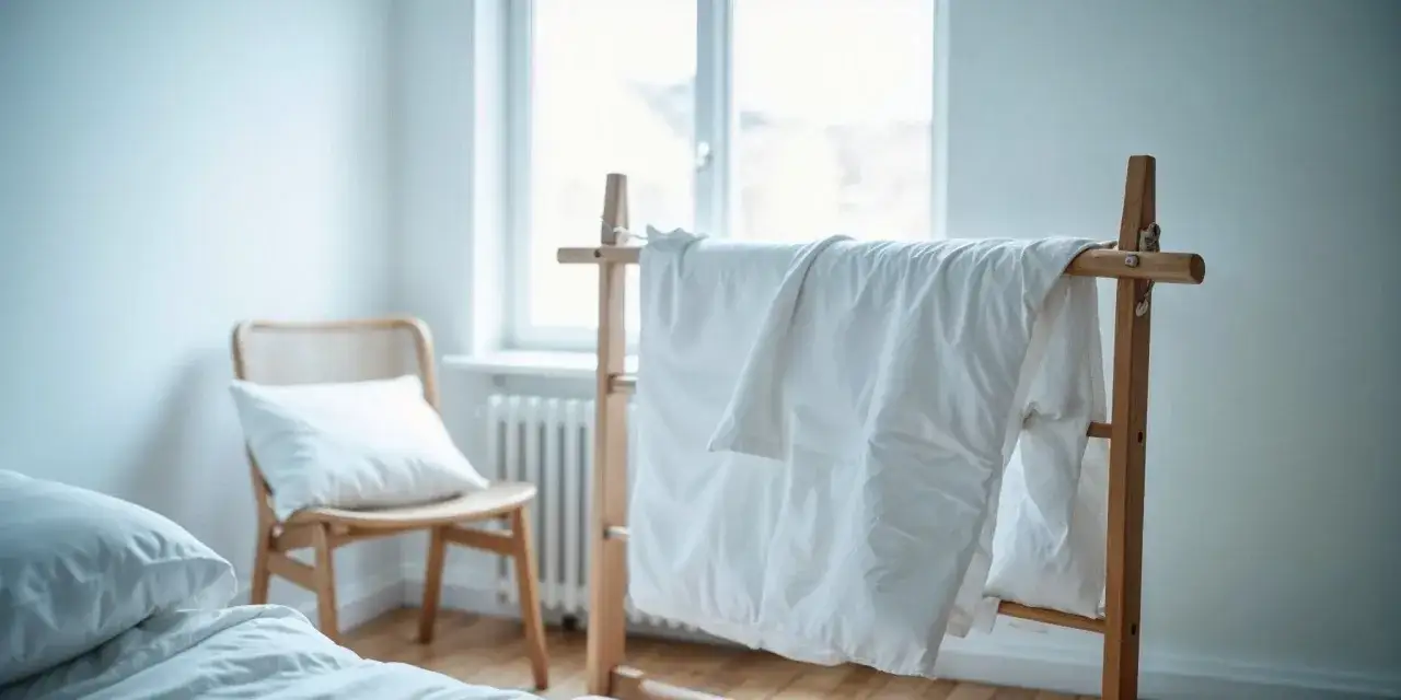 Biała kołdra suszy się na drewnianym stojaku. W tle krzesło z poduszką i łóżko. Dowiedz się, jak prać kołdrę, by była świeża i czysta.