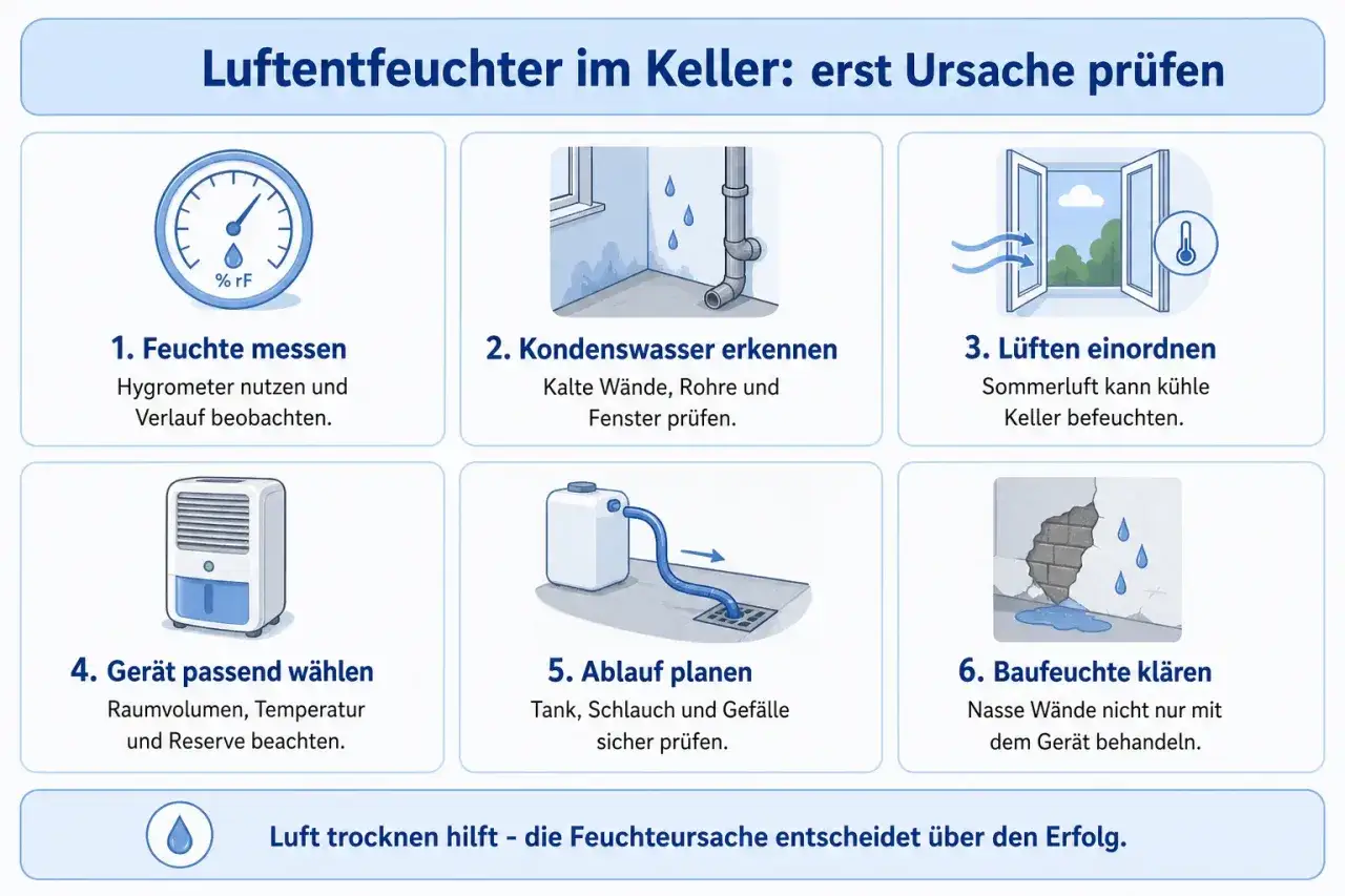 Schritt-f&uuml;r-Schritt-Anleitung zur **Feuchtigkeit im Keller selbst beseitigen**: Feuchte messen, Kondenswasser erkennen, L&uuml;ften pr&uuml;fen, Ger&auml;t w&auml;hlen, Ablauf planen und Baufeuchte kl&auml;ren.