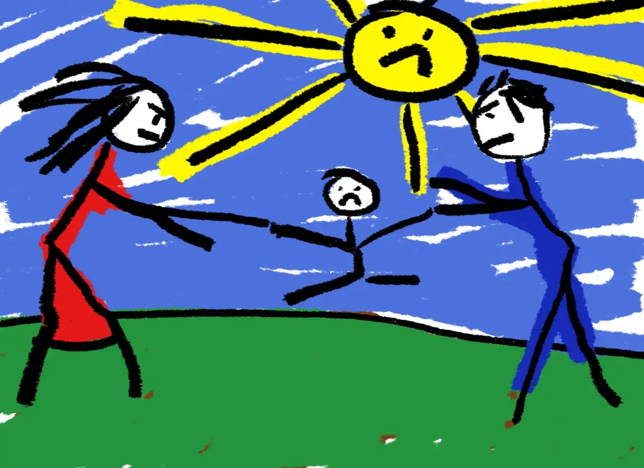 Disegno di un bambino conteso tra due adulti, con un sole triste sopra. Rappresentazione di vittime di famiglie disfunzionali.