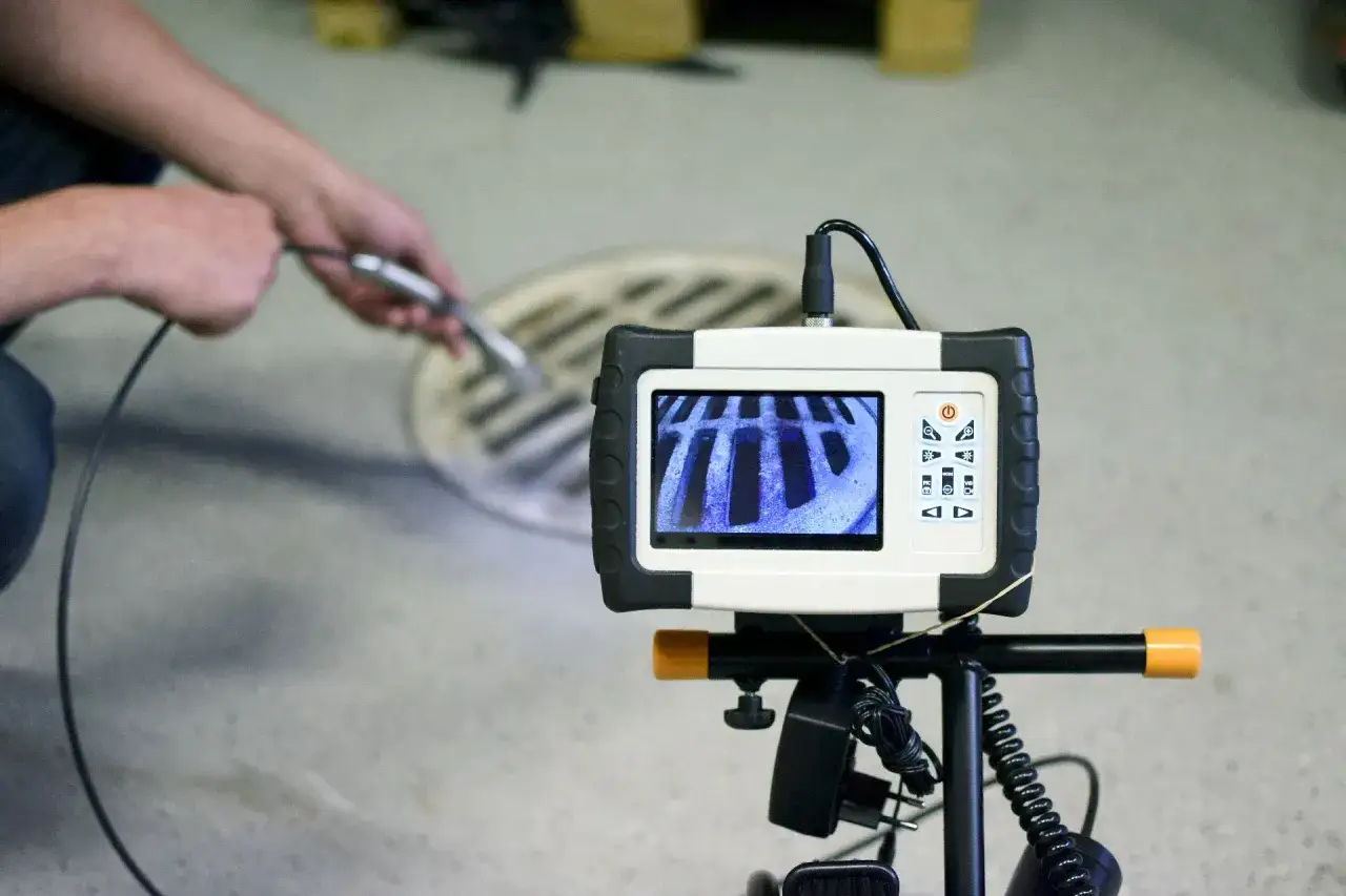 Une personne utilise une cam&eacute;ra pour une inspection de canalisation. L'&eacute;cran affiche l'int&eacute;rieur d'un regard d'&eacute;gout.