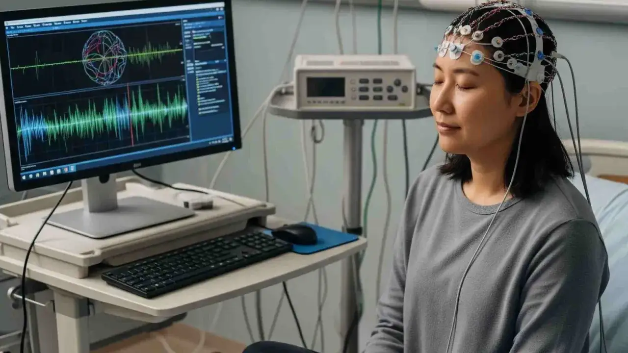 Kobieta z czepkiem EEG na głowie, podłączona do aparatury monitorującej aktywność mózgu. To przykład, jak działa neurofeedback co to jest.