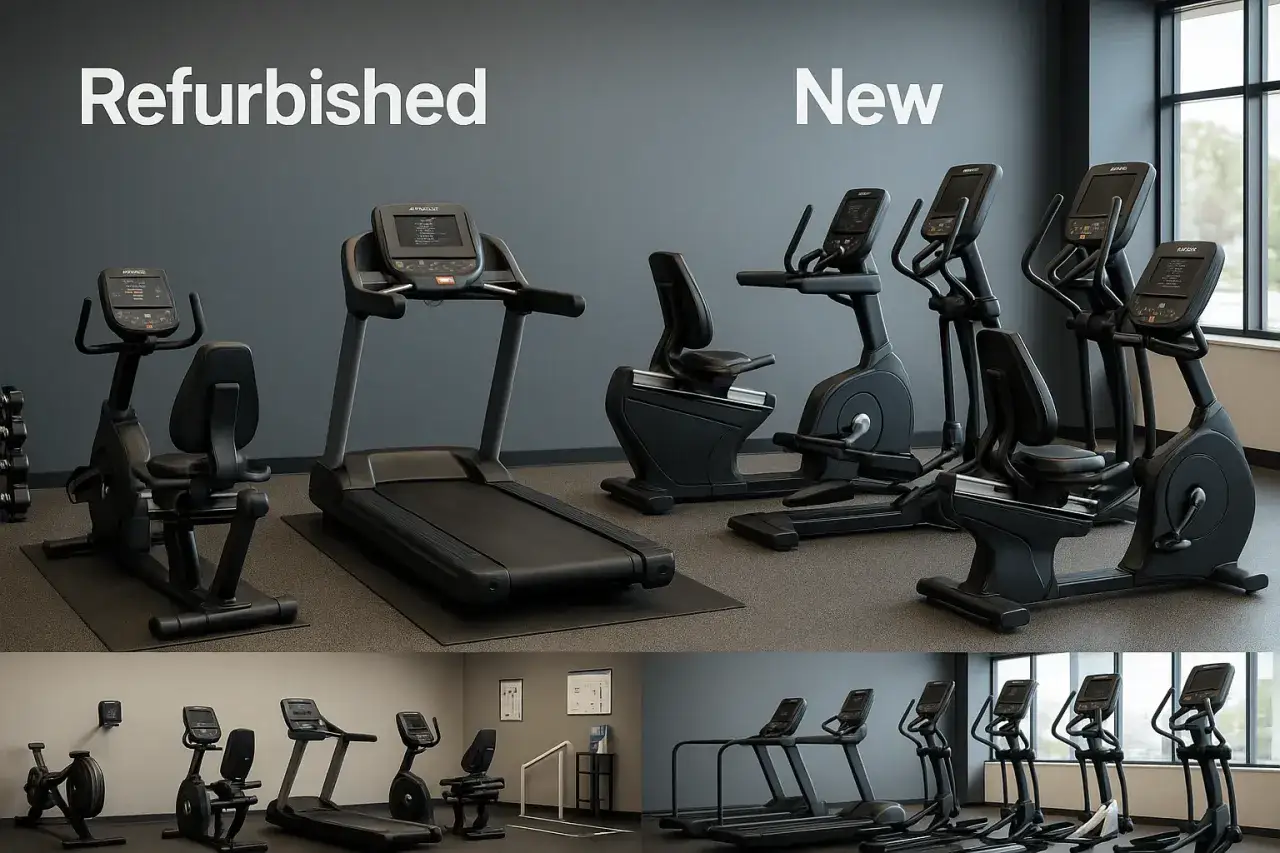 Refurbished treadmills and exercise bikes are on the left, while new cross trainers and exercise bikes fill the right side of the gym.