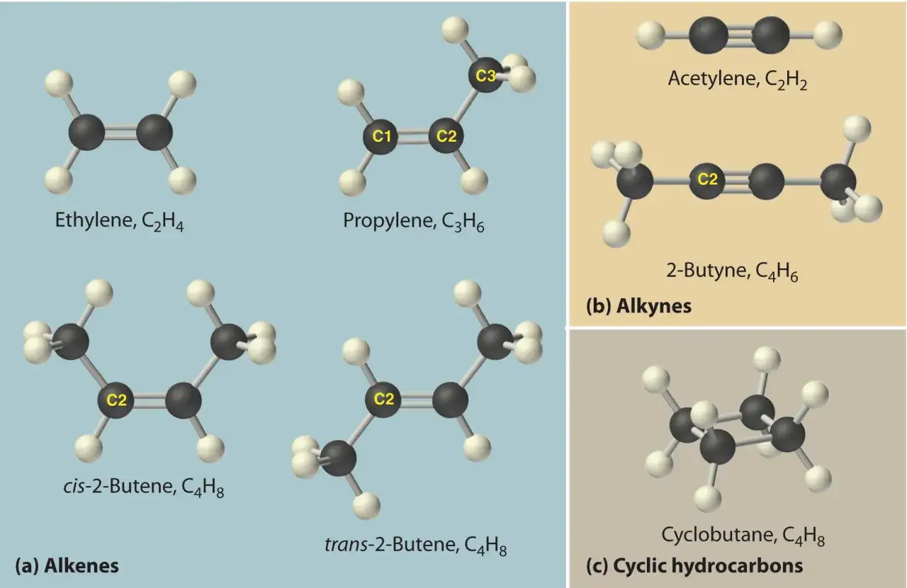 Przykłady węglowodorów nienasyconych: etylen, propylen, acetylen, 2-butyn, cis-2-buten, trans-2-buten.