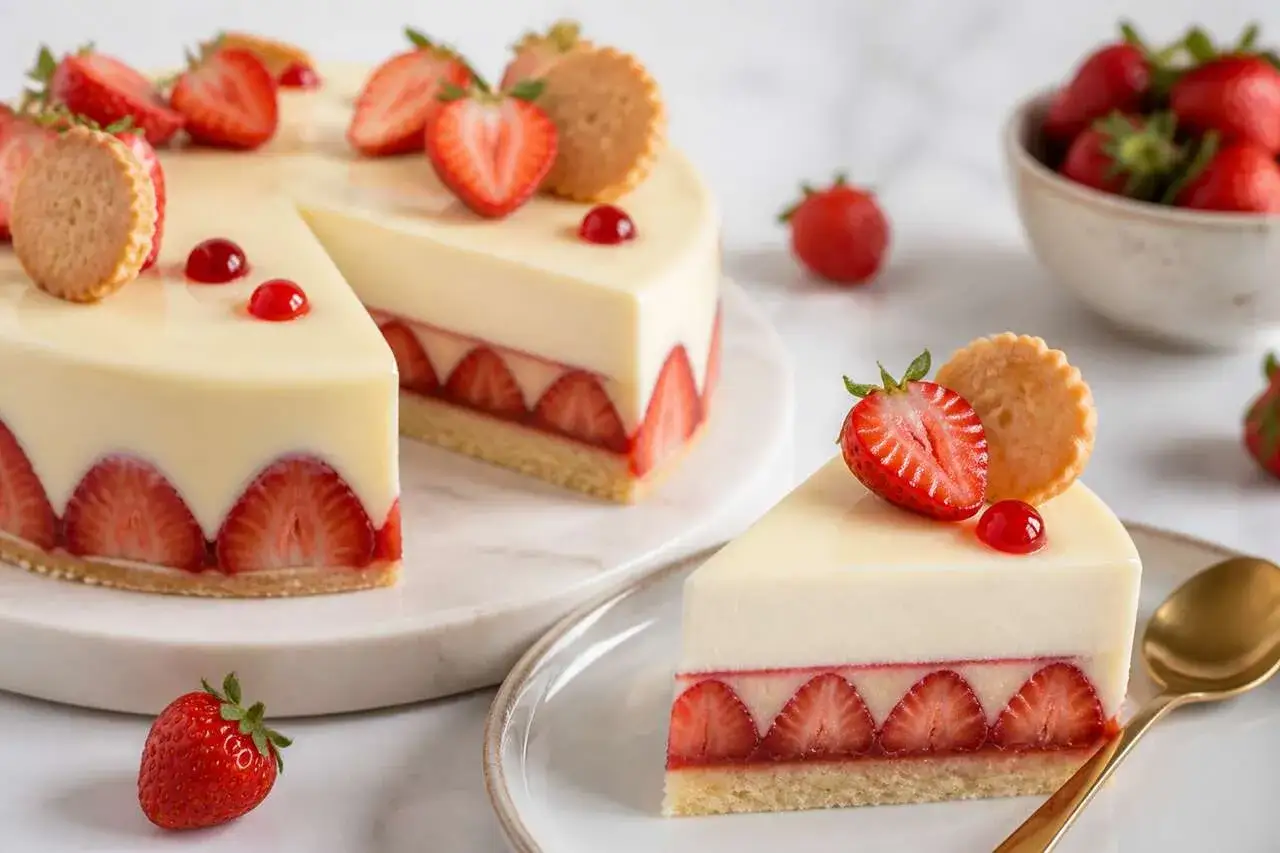 Gâteau blanc et rouge, garni de fraises fraîches et d'une purée de fraises onctueuse. Une part est servie sur une assiette avec une cuillère dorée.
