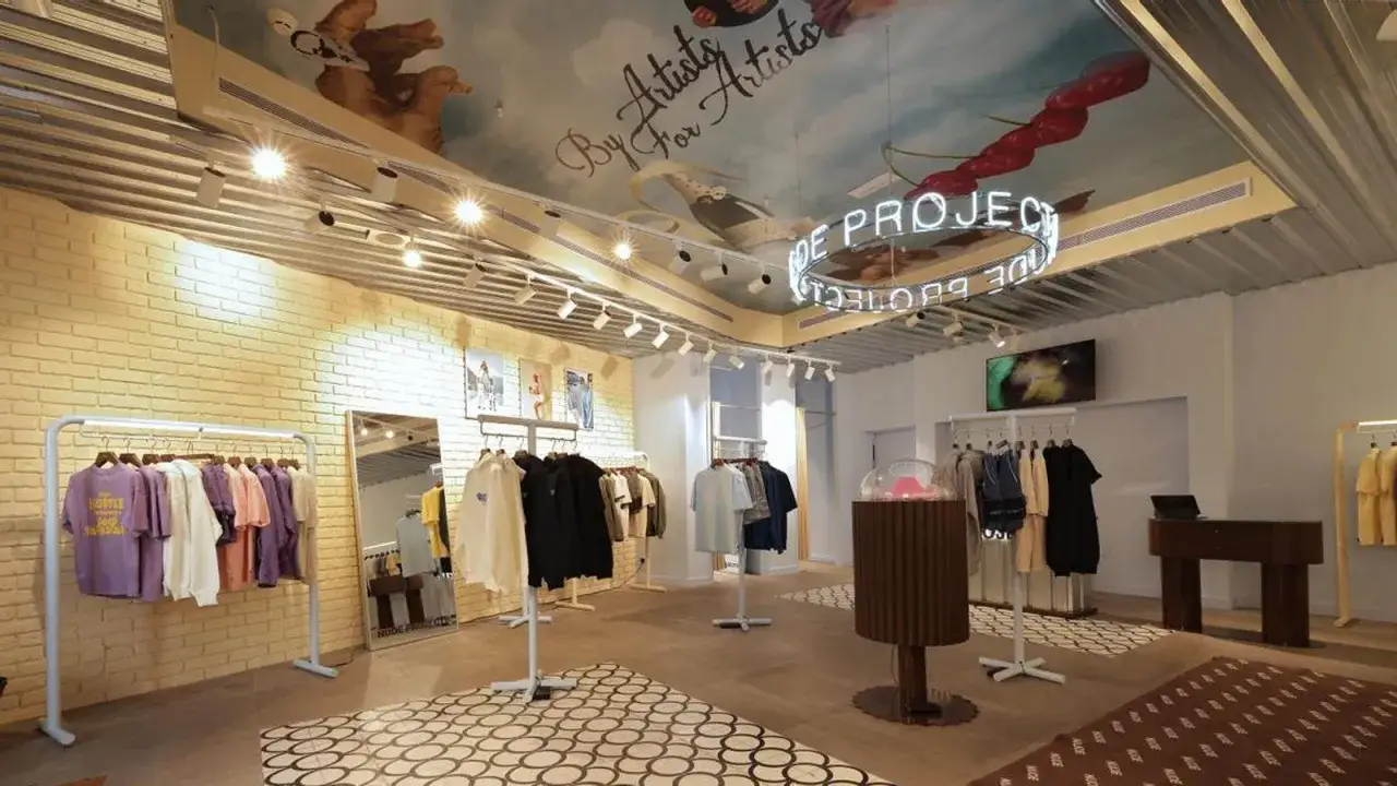Tienda de ropa con mural art&iacute;stico en el techo y letrero de ne&oacute;n 