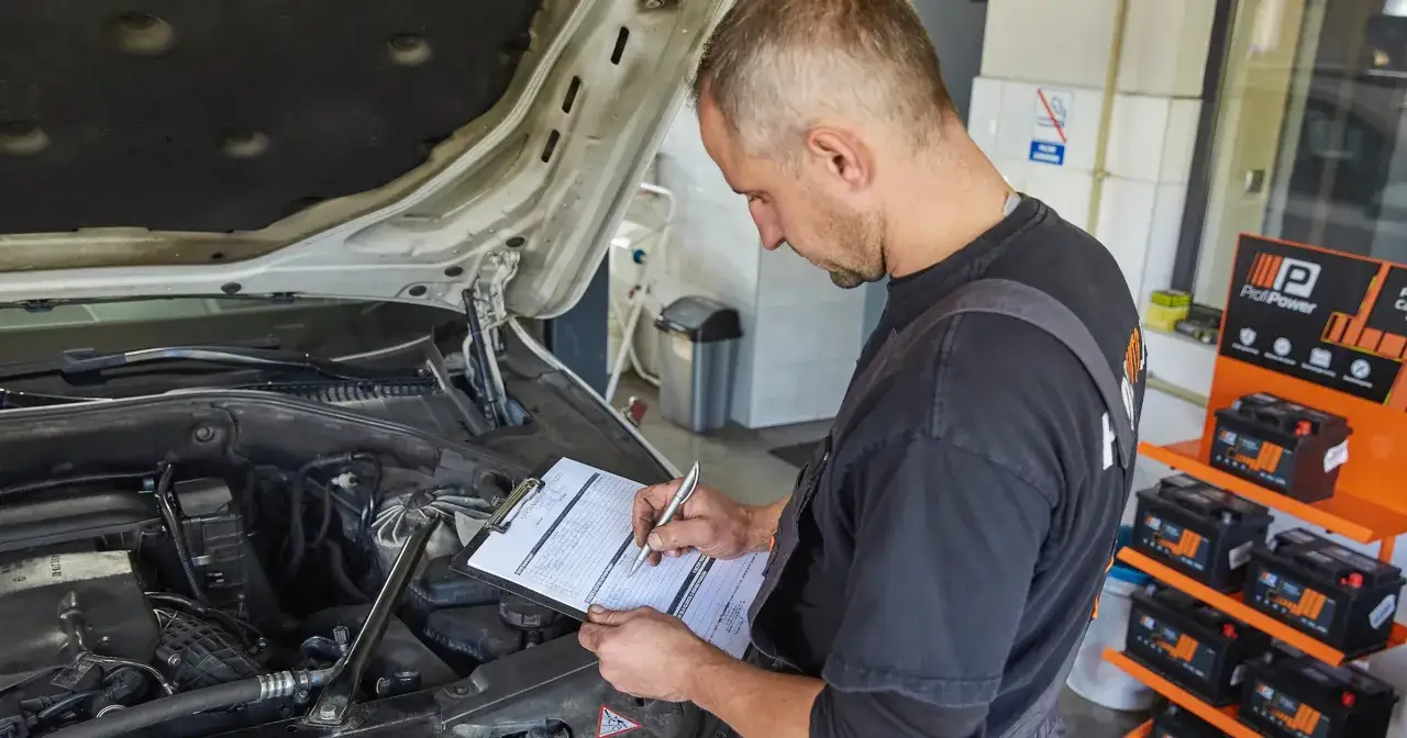 Mechanik ocenia stan techniczny pojazdu, notując szczegóły na karcie naprawy.
