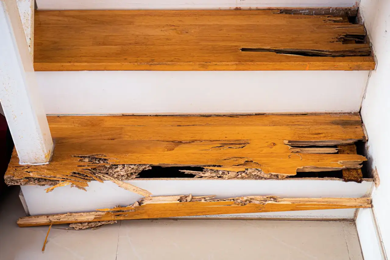 Escaleras de madera gravemente dañadas por las termitas, con huecos y astillas visibles.