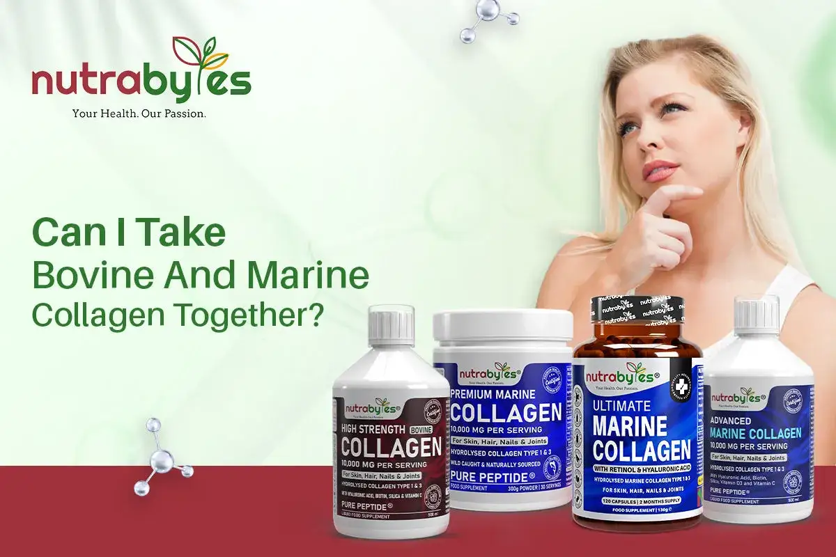 Une femme réfléchit à la possibilité de combiner collagène marin ou bovin. Plusieurs produits Nutrabytes sont présentés.