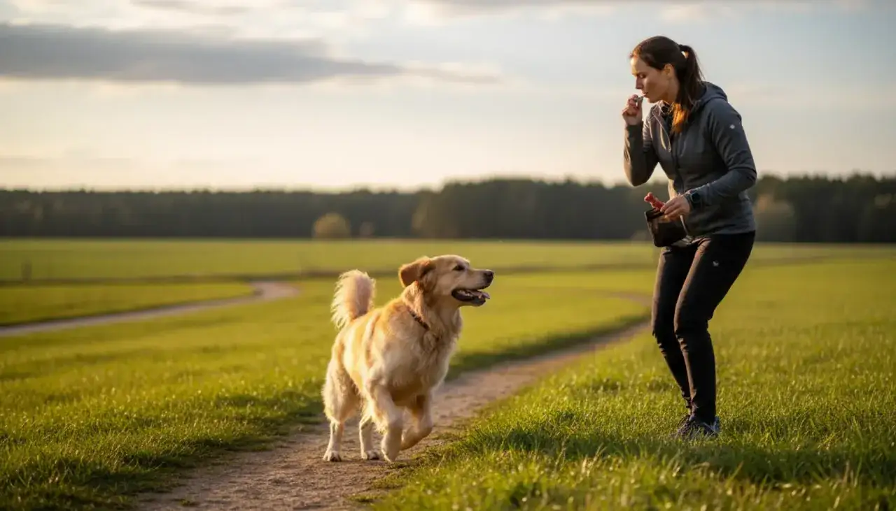 Złoty retriever biegnie po ścieżce, ignorując wołanie właścicielki. Słońce zachodzi nad polem.
