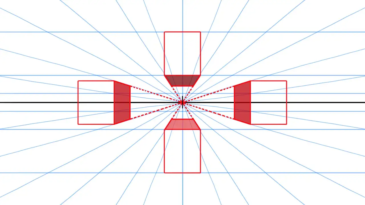 Illustration d'un tableau perspective avec des lignes bleues convergentes vers un point central. Quatre formes rouges, représentant des cubes tronqués, sont disposées en croix.