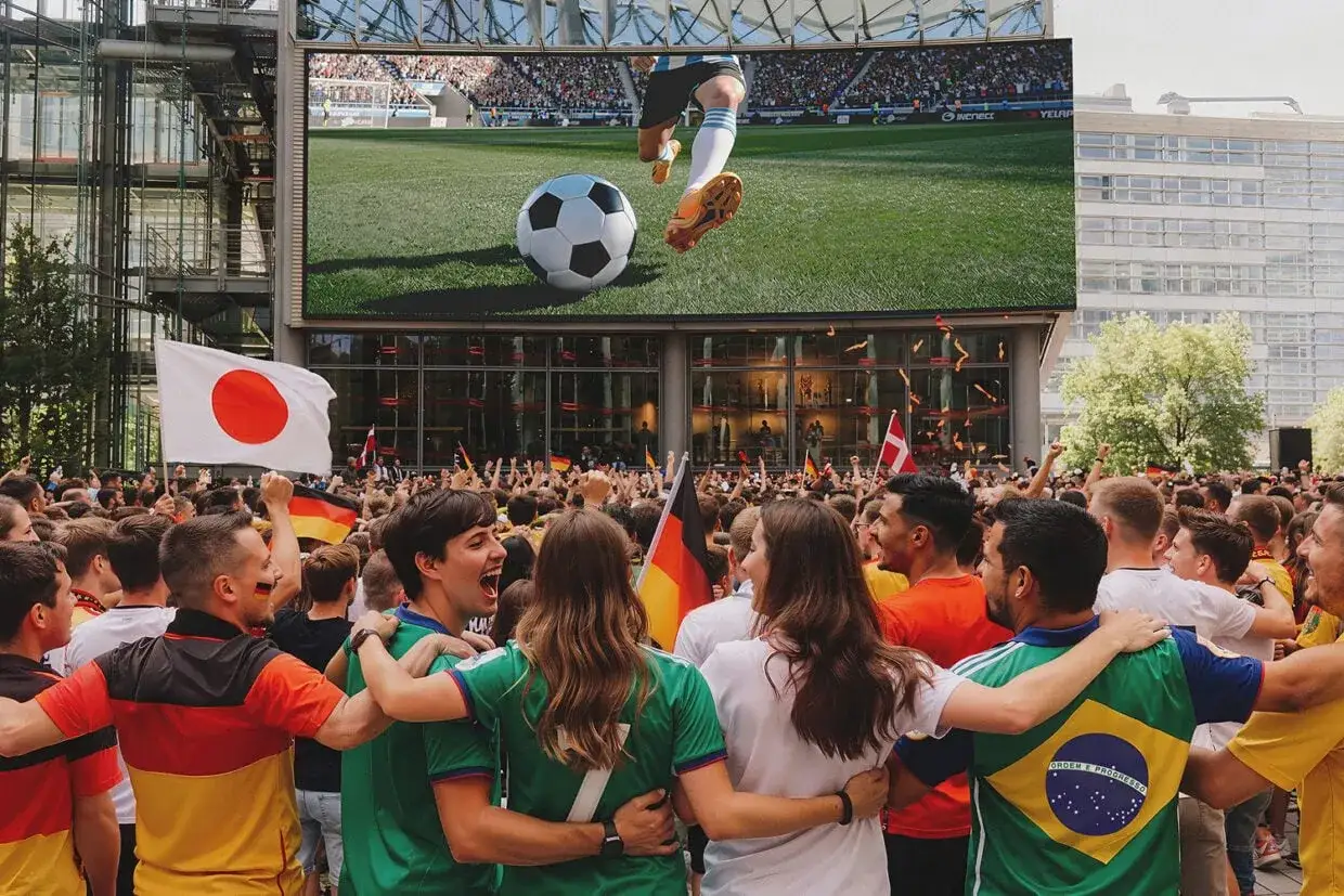 Menschen jubeln bei einem Public Viewing in Berlin. Auf der riesigen Leinwand läuft ein Fußballspiel.