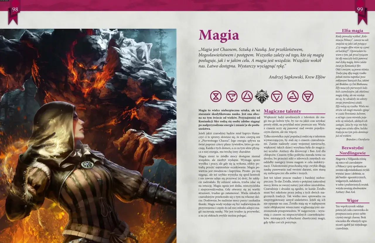 Magiczna postać w kapturze czerpie moc z ognia. Ilustracja do gry fabularnej po polsku.