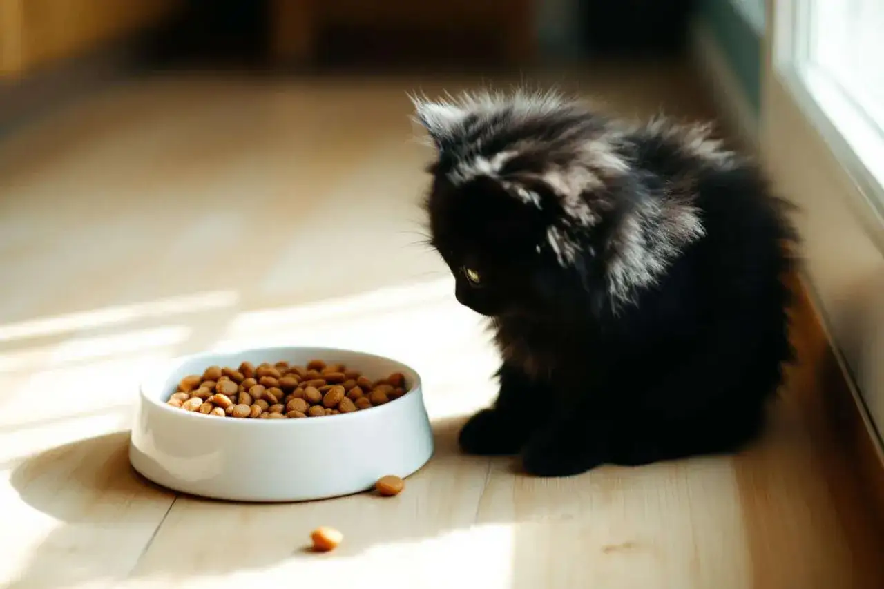 Petit chaton noir boude devant sa gamelle de croquettes. Il boude, mon chat ne mange plus ses croquettes.