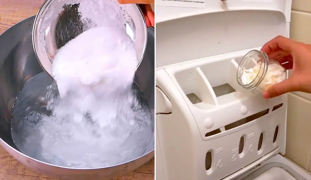 Preparazione del detersivo lavatrice fatto in casa da Benedetta: polvere bianca versata in una ciotola d'acqua e poi un cucchiaino di composto nel cassetto della lavatrice.