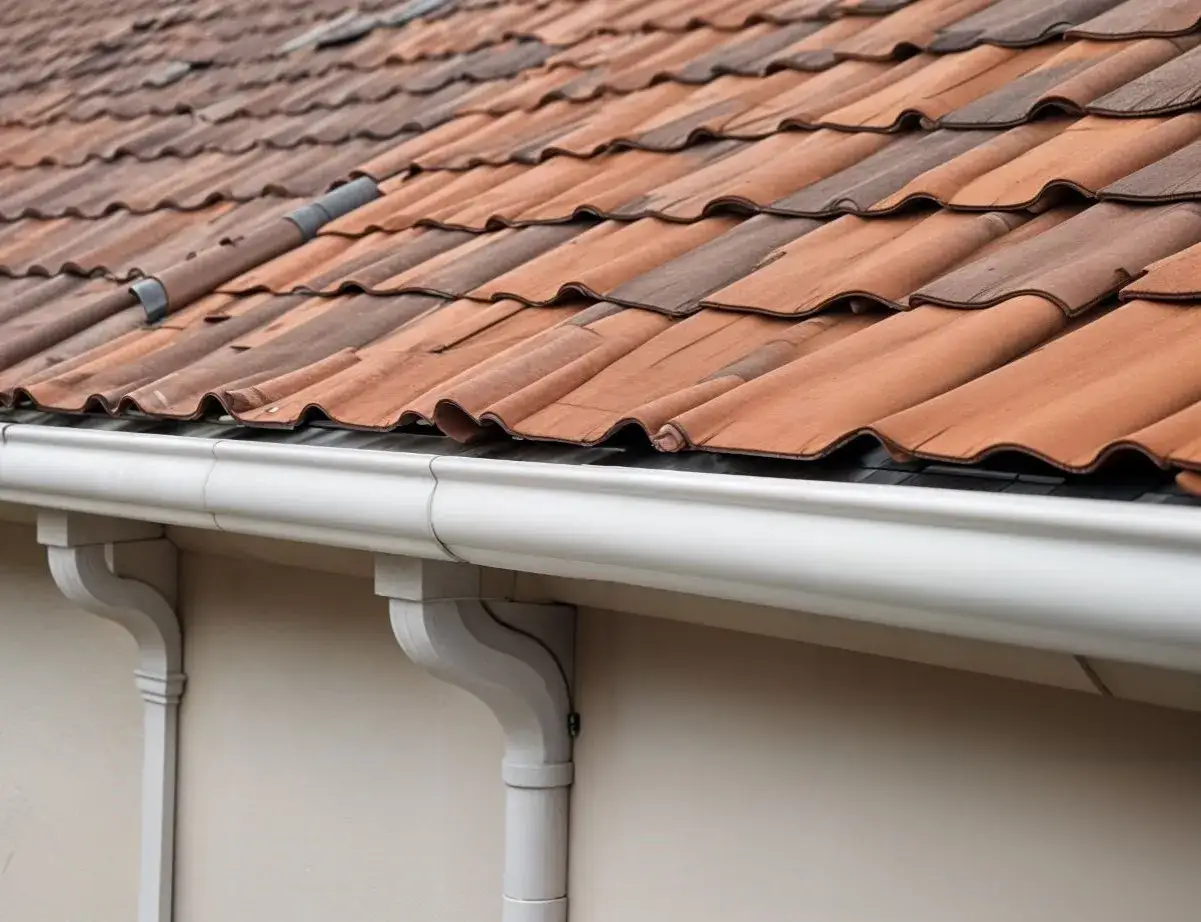Gouttière blanche installée pour l'évacuation eau de pluie sous un toit en tuiles.