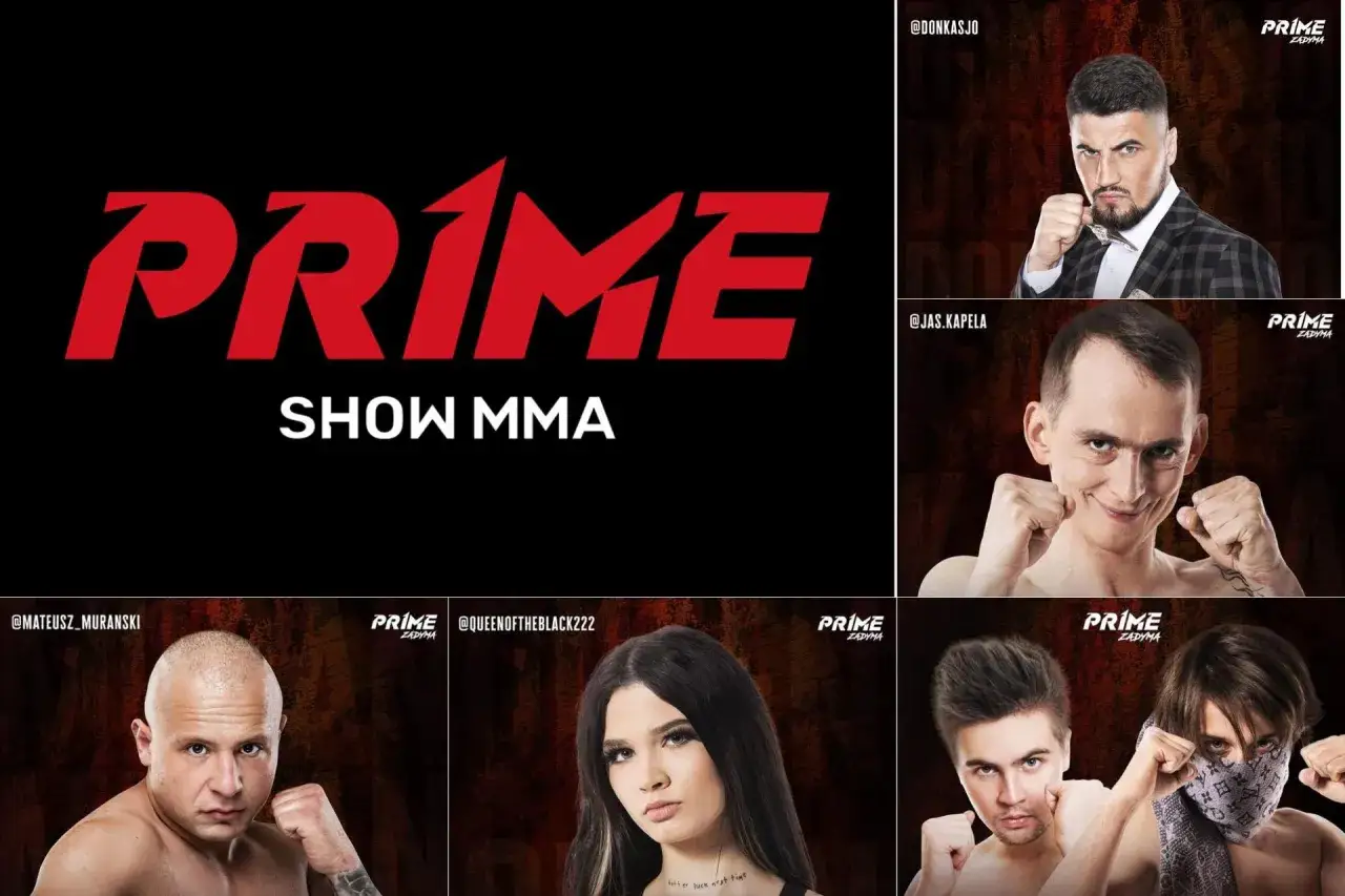 Kolaż z wizerunkami zawodników PRIME SHOW MMA: Don Kasjo, Jas Kapela, Mateusz Murański, Queen of the Black i dwaj nieznani zawodnicy.