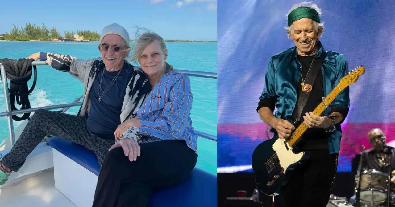 Keith Richards heute: Ein lächelnder Keith Richards auf einem Boot mit seiner Frau und auf der Bühne mit seiner Gitarre.
