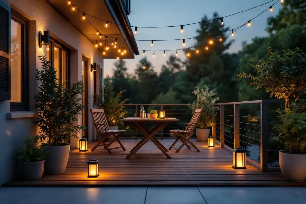 Terrasse de r&ecirc;ve illumin&eacute;e par des guirlandes lumineuses, avec table et chaises en bois, plantes et lanternes. Un v&eacute;ritable havre de paix pour des soir&eacute;es douces.