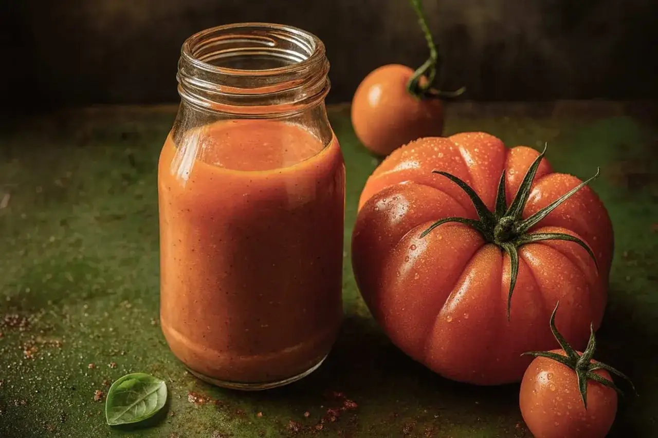 Glasflasche mit selbstgemachtem Ketchup, daneben frische Tomaten. Das ist das beste Ketchup Rezept!