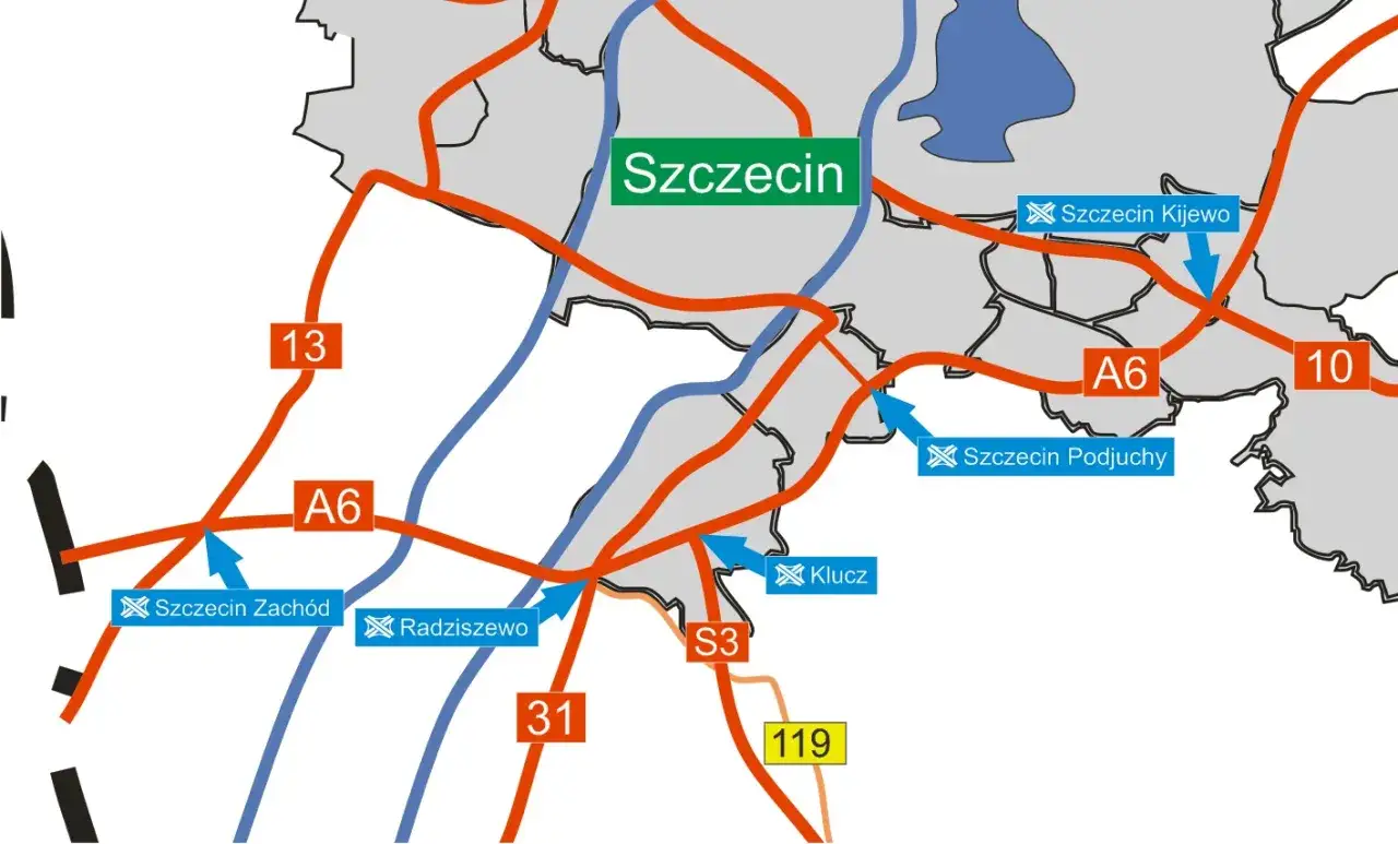 Mapa drogowa z zaznaczoną autostradą A6 i drogami S3, 10, 13, 31, 119. Widoczne oznaczenia Szczecin, Szczecin Zachód, Szczecin Kijewo, Szczecin Podjuchy, Radziszewo, Klucz.