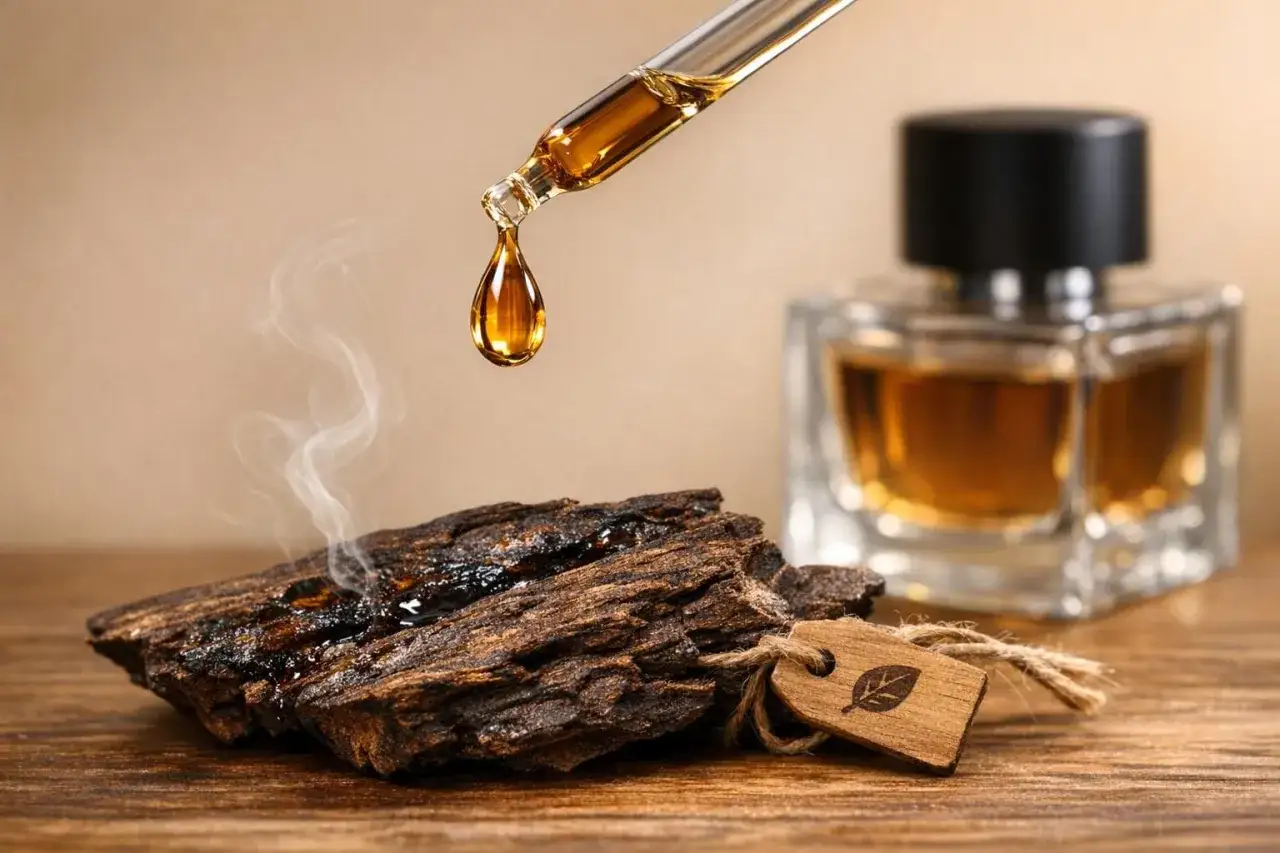 Kropla cennego olejku oud kapie z pipety na kawałek drewna, z którego unosi się dym. Obok stoi flakon perfum.