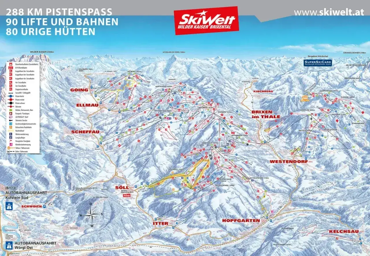 Narty Austria blisko Polski: mapa SkiWelt Wilder Kaiser Brixental z trasami, wyciągami i chatkami. Idealne miejsce na zimowy wypoczynek.