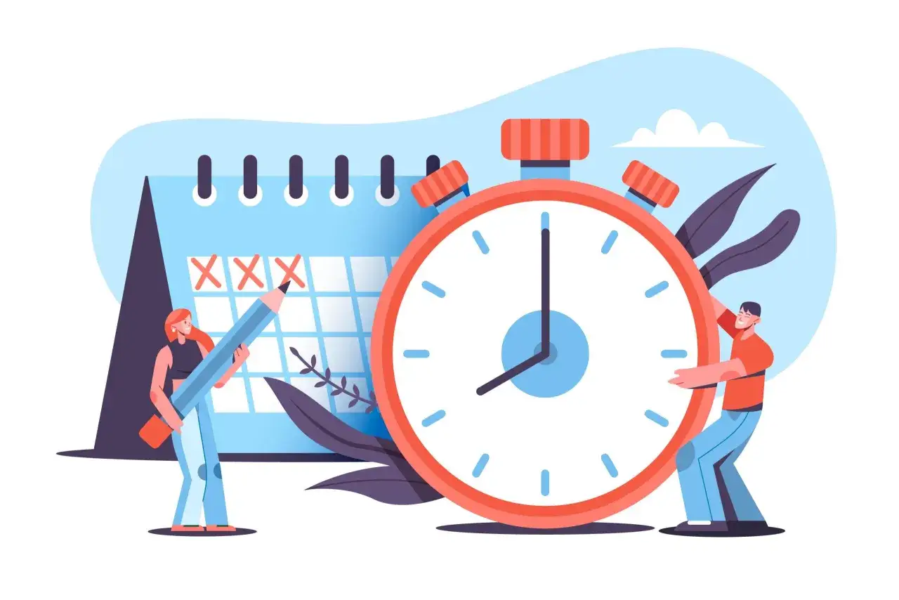 Un calendrier avec des croix rouges et un chronomètre géant symbolisent le **travail dissimulé heures supplémentaires**. Deux personnes gèrent le temps et les tâches.