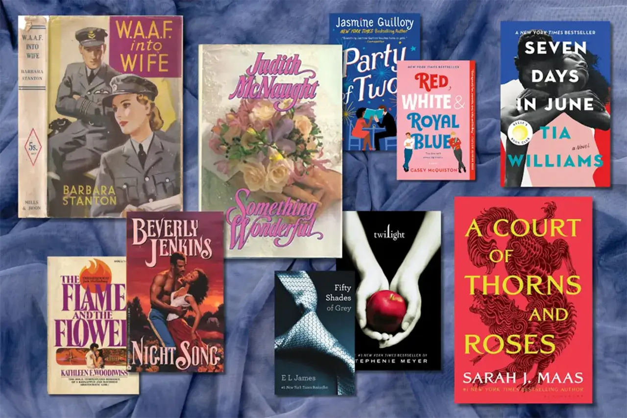 Una raccolta di libri che narrano storie d'amore, da classici a bestseller moderni, con copertine che evocano passione e romanticismo.