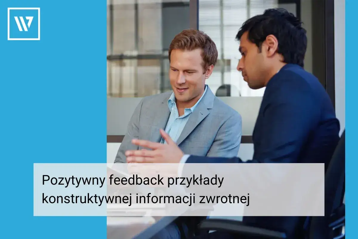 Dw&oacute;ch mężczyzn w garniturach rozmawia, jeden wskazuje na coś. Tekst: 