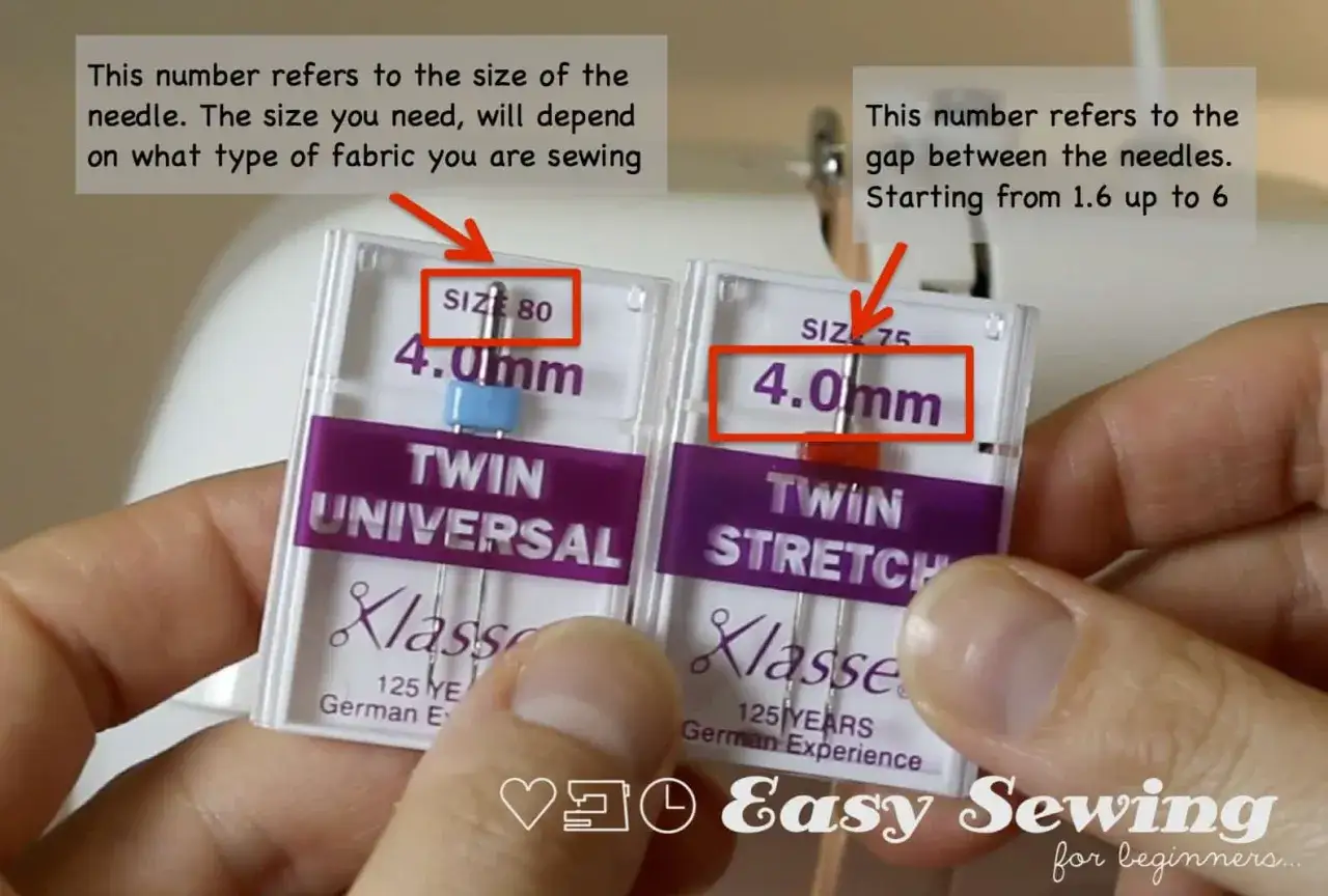 Hands hold twin needle packs, showing sizes 80 and 75. The size refers to the needle's thickness, while the 4.0mm indicates the gap between them.