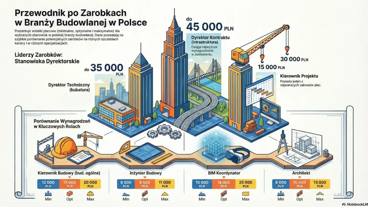 Ile zarabia budowlaniec? Infografika pokazuje zarobki w branży budowlanej: od 6 tys. zł dla inżyniera do 45 tys. zł dla dyrektora kontraktu.