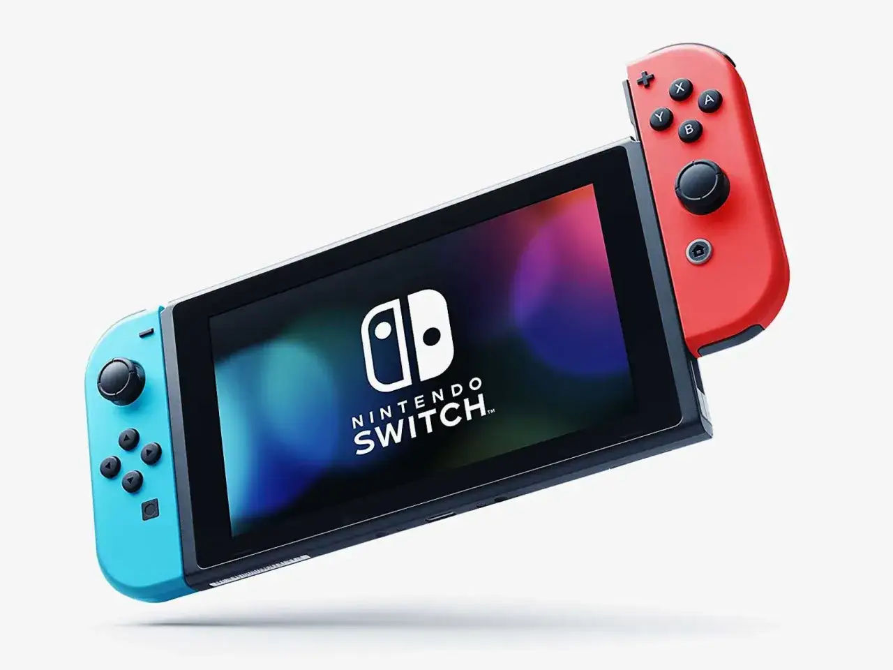 Consola Nintendo Switch con Joy-Cons azul y rojo, lista para disfrutar de los juegos Nintendo Direct.