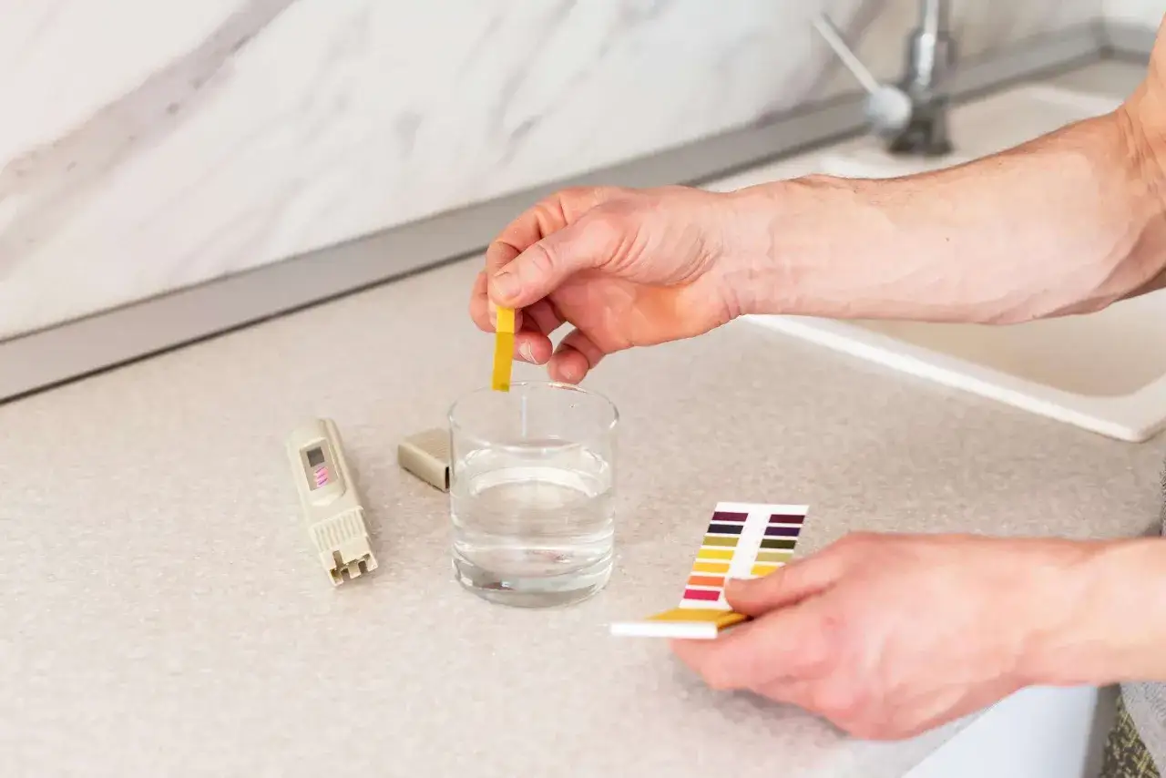 Test de th de l'eau avec une bandelette réactive. Une main trempe la bandelette dans un verre d'eau, à côté d'un testeur et d'une carte de couleurs.