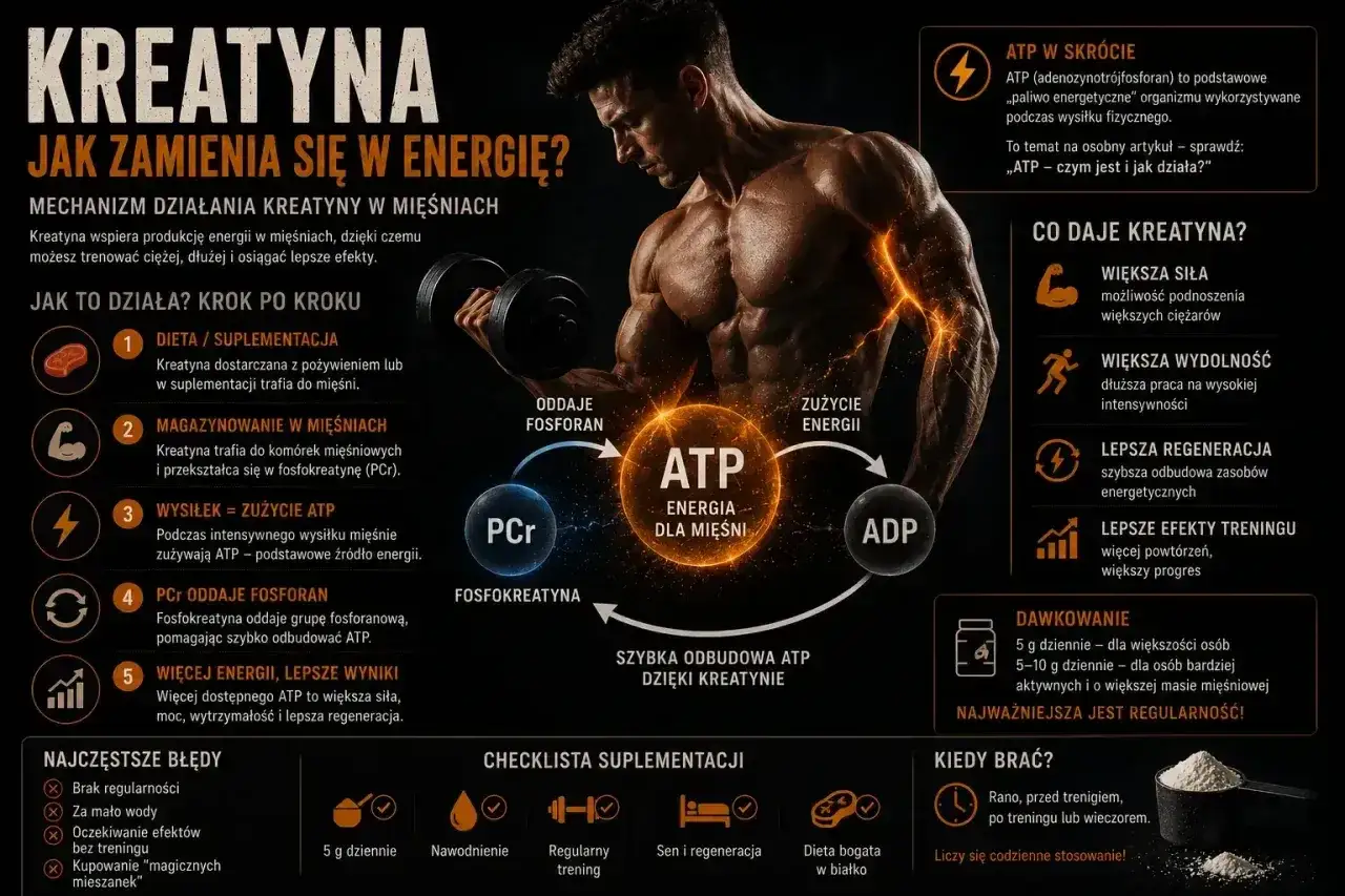 Kreatyna co daje? Większa siła, wydolność i lepsza regeneracja. Pomaga w szybkiej odbudowie ATP, co przekłada się na lepsze efekty treningu.