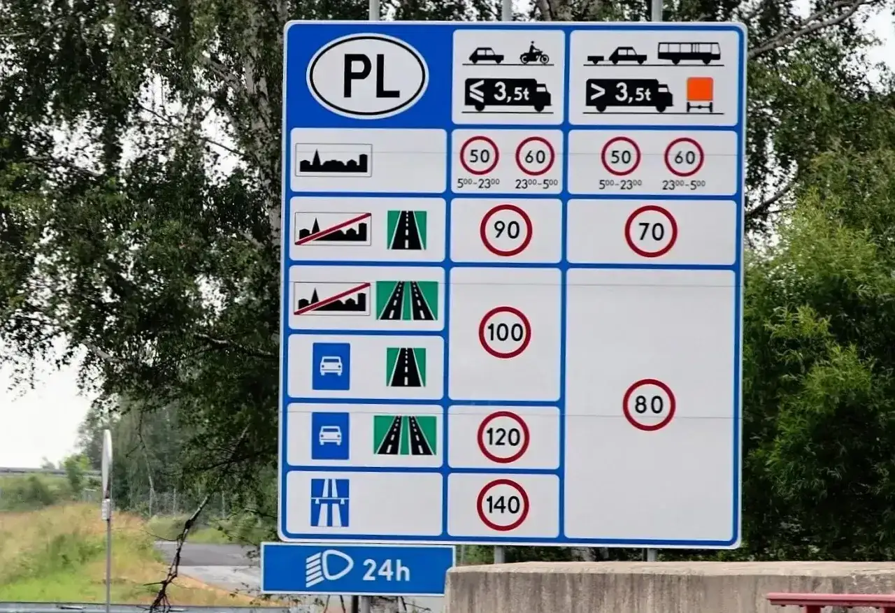 Znak drogowy PL informuje o ograniczeniach prędkości podczas jazdy autostradą. Różne limity dla samochodów i ciężarówek.