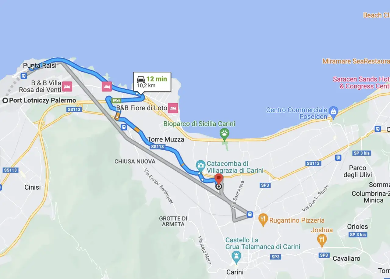 Trasa z Punta Raisi do Palermo, pokazująca odległość 10,2 km i czas 12 min. Widać tu różne sycylia lotniska i atrakcje.