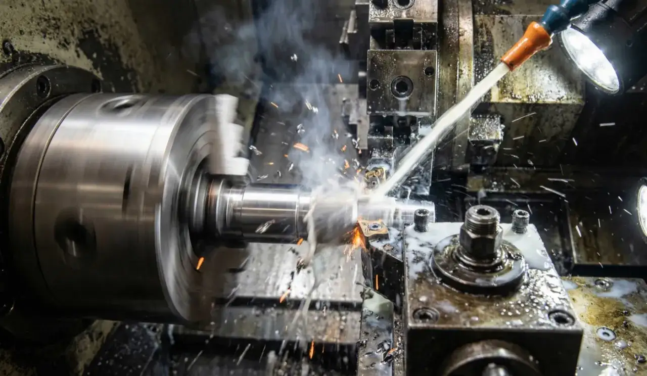 Precyzyjna obróbka mechaniczna elementów metalowych na tokarni. Wióry metalu, iskry i chłodziwo tworzą dynamiczny obraz procesu.