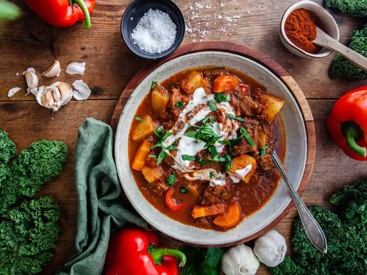En mustig gulaschsoppa med kött, potatis och paprika, toppad med gräddfil och örter. Perfekt vin till gulaschsoppa är ett fylligt rödvin.