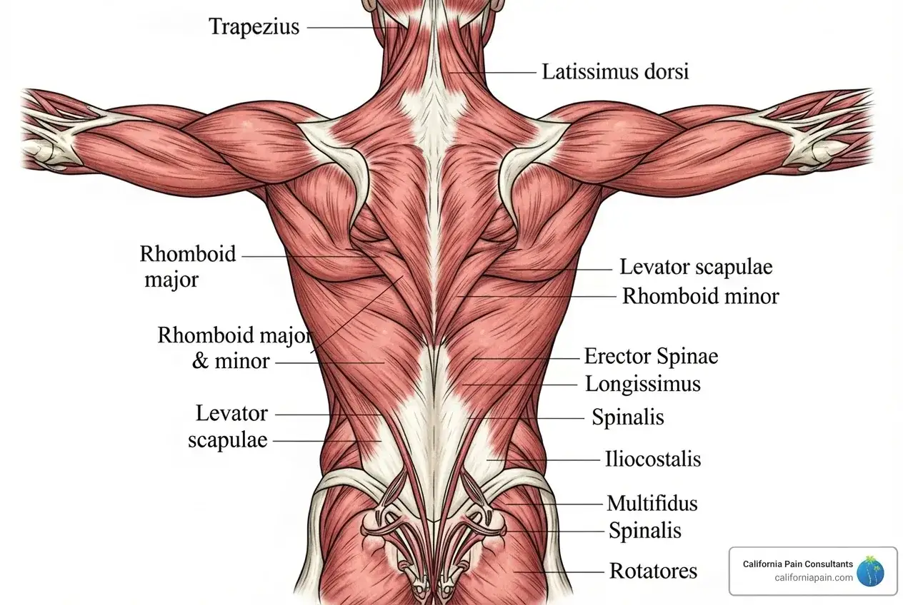 Anatomia mięśni grzbietu i karku, gdzie jest każdy mięsień: czworoboczny, najszerszy grzbietu, równoległoboczny, dźwigacz łopatki.