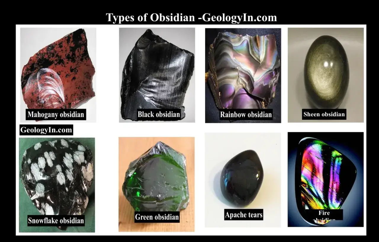 Verschiedene Obsidian-Arten: Mahagoni-, Schwarz-, Regenbogen-, Glanz-, Schneeflocken-, grüner Obsidian, Apache-Tränen und Feuerobsidian. Was ist Obsidian? Ein vulkanisches Glas.