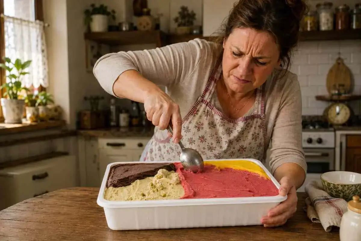 Donna con grembiule serve gelati molli nel freezer, con gusti al cioccolato, pistacchio e fragola.