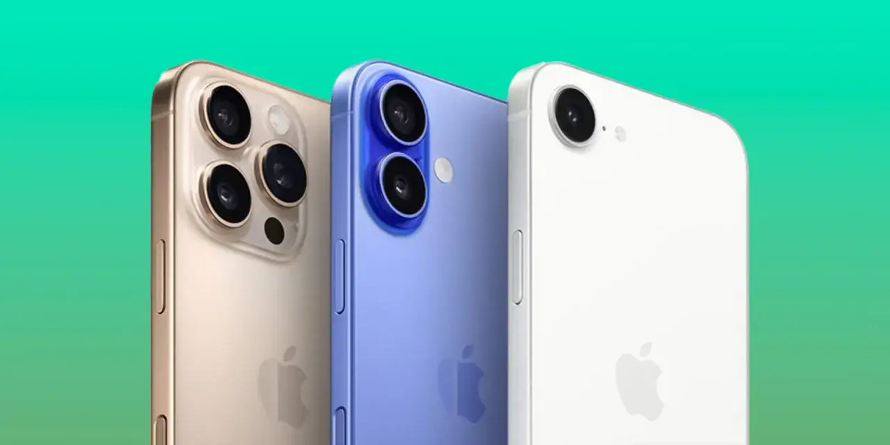 Trzy telefony iPhone w kolorach złotym, niebieskim i białym. Kiedy premiera iPhone 18?