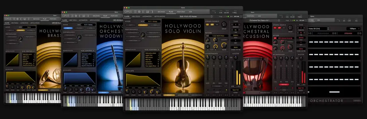 Opus VST-Software mit verschiedenen Instrumenten wie Holzbläsern, Streichern und Percussion.