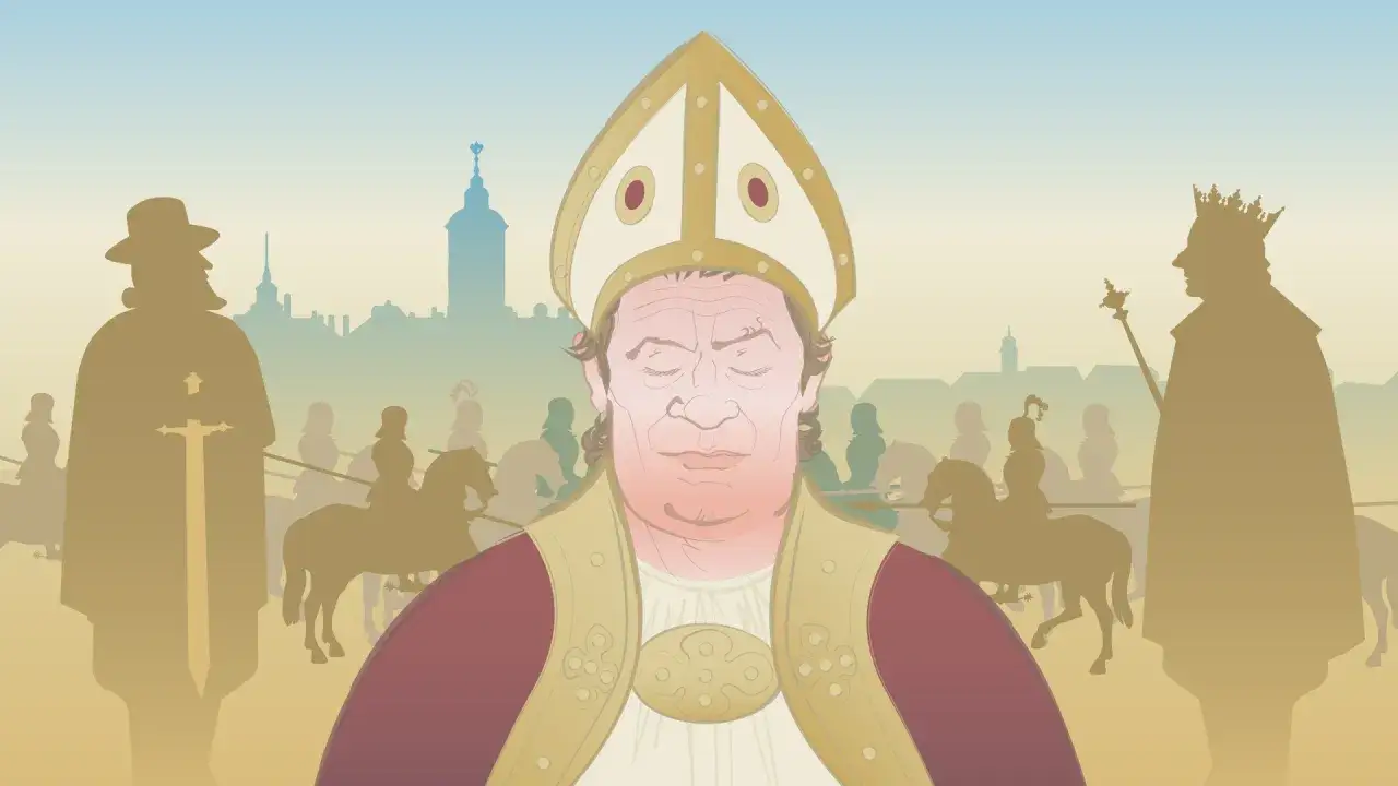 En p&aring;ve med slutna &ouml;gon, omgiven av silhuetter av riddare och en kung. En historisk scen som p&aring;minner om en tid d&aring; hemming gadh var en viktig figur.