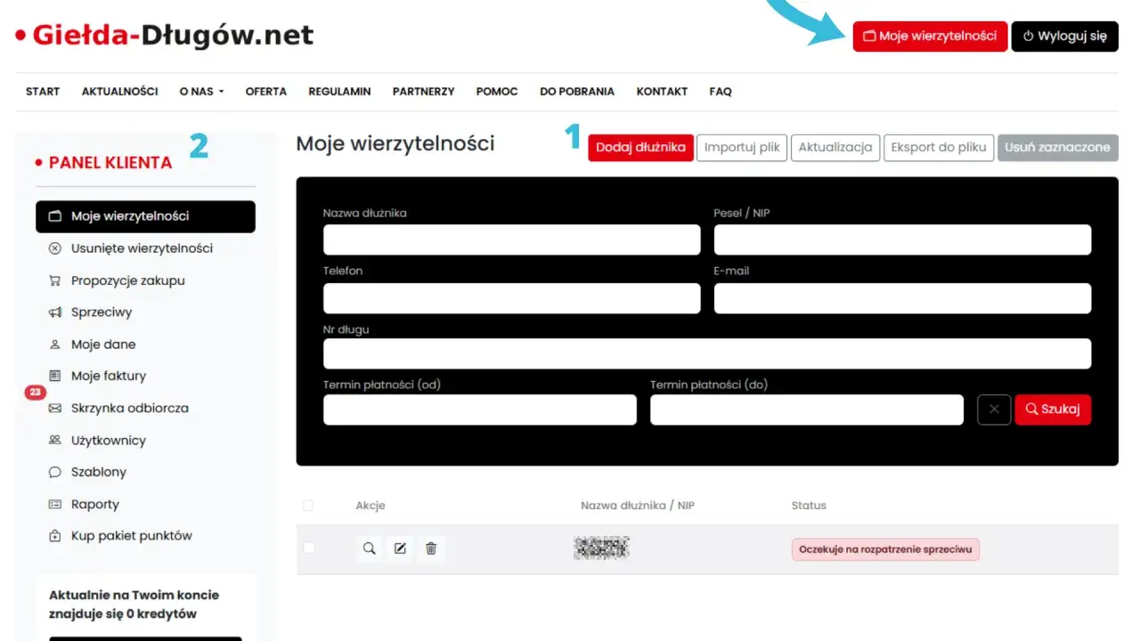 Panel klienta na giełdzie długów. Możesz tu zarządzać swoimi wierzytelnościami, dodawać nowych dłużników i przeglądać statusy spraw.