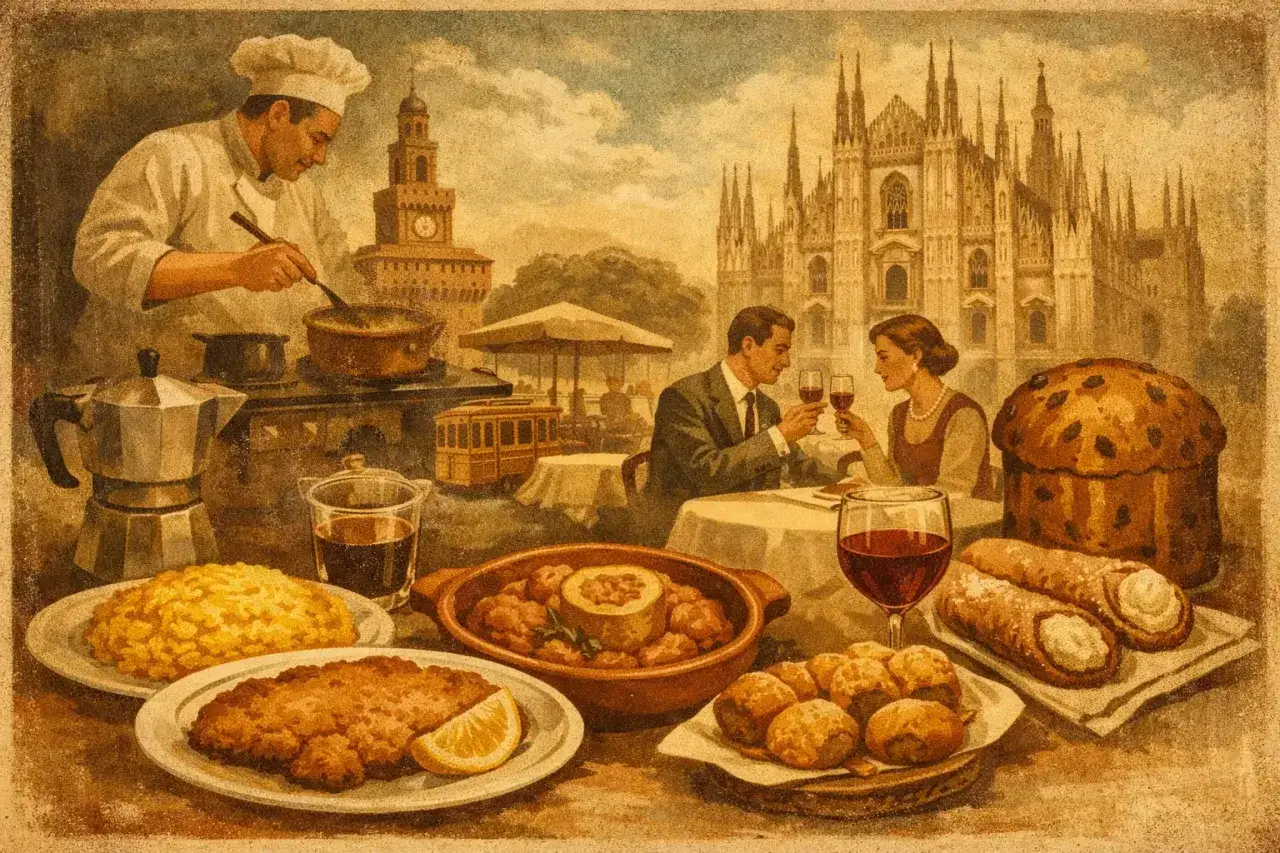 Un cuoco prepara piatti tipici milanesi mentre una coppia brinda con vino rosso davanti al Duomo. Panettone e cannoli completano la scena.