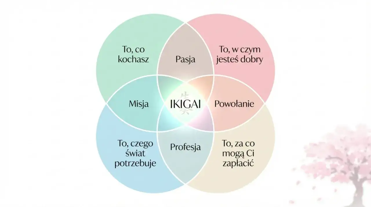 Diagram Ikigai: pasja, misja, powołanie, profesja. Autentyczność co to? Znajdź to, co kochasz, w czym jesteś dobry, czego świat potrzebuje i za co mogą Ci zapłacić.