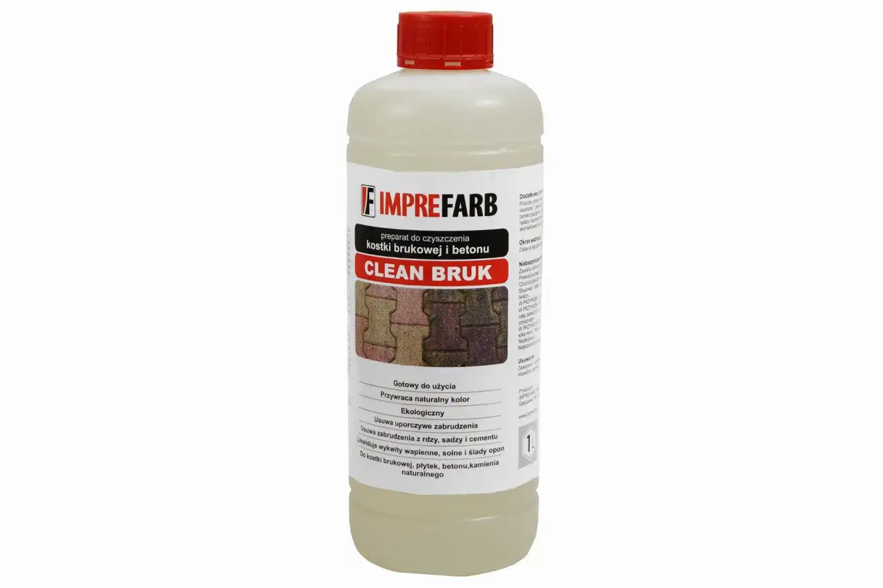 Preparat CLEAN BRUK do czyszczenia kostki brukowej. Idealny, by dowiedzieć się, czym posypać kostkę brukową zimą, gdy chcemy ją odświeżyć.
